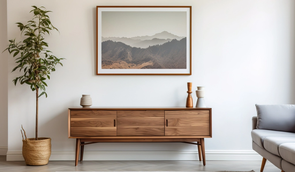 A living room with a picture of mountains on a wall that was painted by a professional painter.