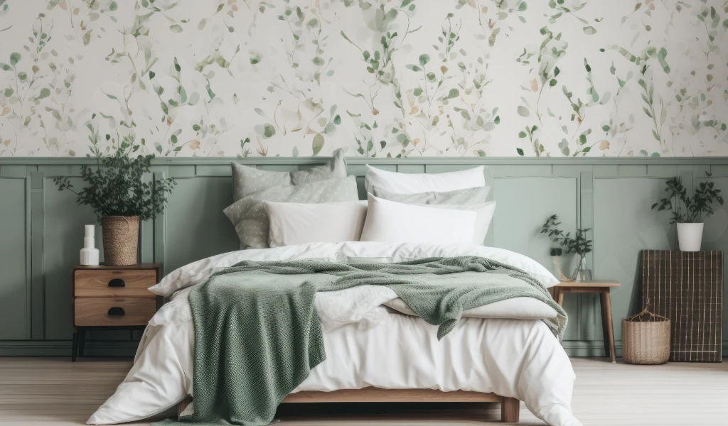 A bedroom with green and white walls painted by a professional painter.